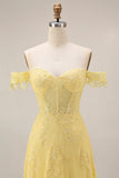 A-Line Off the Shoulder Yellow Lace Corset Appliqued Long Prom Dress