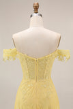 A-Line Off the Shoulder Yellow Lace Corset Appliqued Long Prom Dress