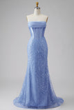 Satin Mermaid Blue Strapless Pearl Embellished Corset Long Prom Dress with Beading