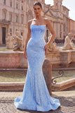 Satin Mermaid Blue Strapless Pearl Embellished Corset Long Prom Dress with Beading