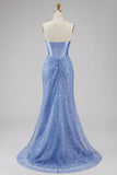 Satin Mermaid Blue Strapless Pearl Embellished Corset Long Prom Dress with Beading