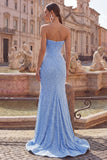Satin Mermaid Blue Strapless Pearl Embellished Corset Long Prom Dress with Beading