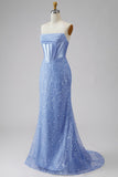 Satin Mermaid Blue Strapless Pearl Embellished Corset Long Prom Dress with Beading