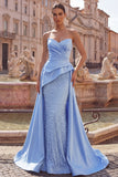 Blue Satin Mermaid Sweetheart Ruched Pearl Embellished Long Prom Dress with Beading
