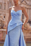 Blue Satin Mermaid Sweetheart Ruched Pearl Embellished Long Prom Dress with Beading