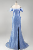 Mermaid Blue Off the Shoulder Pearl Embellished Corset Beaded Long Prom Dress with Slit