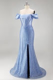Mermaid Blue Off the Shoulder Pearl Embellished Corset Beaded Long Prom Dress with Slit