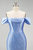 Mermaid Blue Off the Shoulder Pearl Embellished Corset Beaded Long Prom Dress with Slit