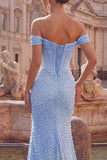 Mermaid Blue Off the Shoulder Pearl Embellished Corset Beaded Long Prom Dress with Slit