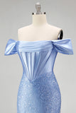 Mermaid Blue Off the Shoulder Pearl Embellished Corset Beaded Long Prom Dress with Slit