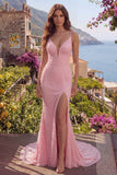 Pink Mermaid Beaded Spaghetti Straps Sequins Long Prom Dress with Slit
