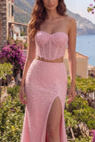 Pink Mermaid Beaded Strapless 2 Piece Corset Long Prom Dress with Slit