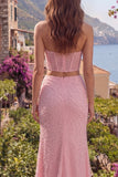 Pink Mermaid Beaded Strapless 2 Piece Corset Long Prom Dress with Slit