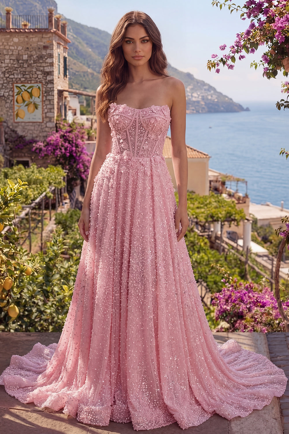 ZAPAKA Women Pink Long Prom Dress with 3D Flowers A-Line Beaded Strapless Sequins Appliqued Corset Evening Dress, Pink / US26W