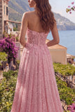 A-Line Pink Beaded Strapless Sequins Appliqued Corset Long Prom Dress with 3D Flowers