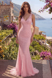 Pink Mermaid V-Neck Beaded Long Prom Dress with Sequins