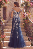 Navy Mermaid Cold Shoulder Tulle Floral Long Prom Dress with Appliques