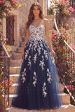 Navy A-Line Sweetheart Floral Tulle Long Prom Dress