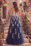 Navy A-Line Sweetheart Floral Tulle Long Prom Dress