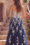 Navy A-Line Sweetheart Floral Tulle Long Prom Dress