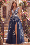 Tulle Navy A-Line V-Neck Floral Long Prom Dress with Slit