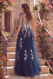 Tulle Navy A-Line V-Neck Floral Long Prom Dress with Slit