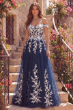 Navy Off the Shoulder A-Line Tulle Floral Long Prom Dress