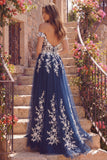 Navy Off the Shoulder A-Line Tulle Floral Long Prom Dress