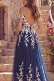 Navy Off the Shoulder A-Line Tulle Floral Long Prom Dress
