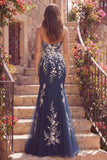 Navy Sweetheart Mermaid Floral Long Prom Dress with Appliques