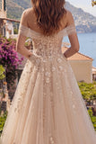 Champagne A-Line Off the Shoulder Corset Long Prom Dress with Appliques