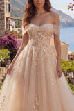 Champagne A-Line Off the Shoulder Corset Long Prom Dress with Appliques