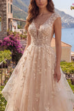 Champagne A-Line Backless Ruffle Long Prom Dress with Appliques