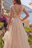 Champagne A-Line Backless Ruffle Long Prom Dress with Appliques