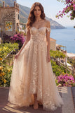 Off the Shoulder Champagne A-Line Corset Long Prom Dress with Appliques