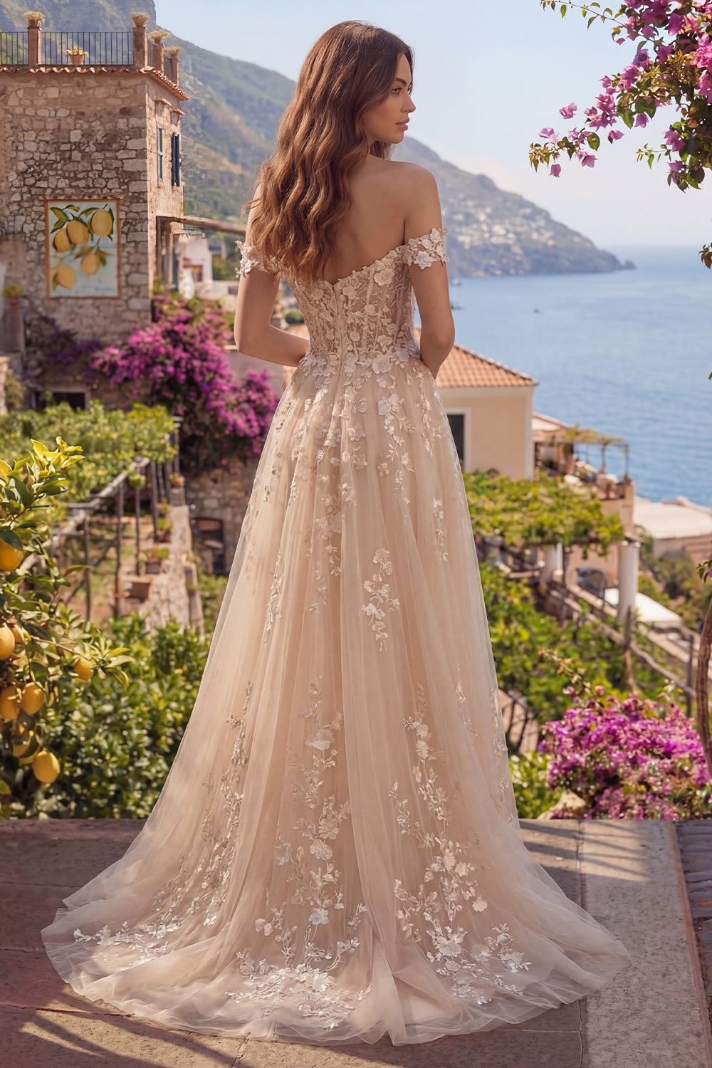 ZAPAKA Women Off the Shoulder Long Prom Dress with Appliques Champagne A-Line Corset Evening Dress, Champagne / US14