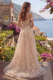 Off the Shoulder Champagne A-Line Corset Long Prom Dress with Appliques