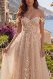 Off the Shoulder Champagne A-Line Corset Long Prom Dress with Appliques
