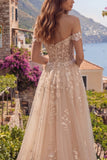 Off the Shoulder Champagne A-Line Corset Long Prom Dress with Appliques