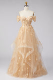 Champagne A-Line Off the Shoulder Floral Corset Long Prom Dress with Ruffles