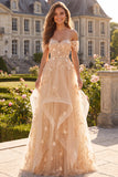 Champagne A-Line Off the Shoulder Floral Corset Long Prom Dress with Ruffles
