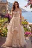 Champagne A-Line Off the Shoulder Floral Corset Long Prom Dress with Ruffles
