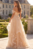Champagne A-Line Off the Shoulder Floral Corset Long Prom Dress with Ruffles