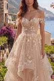 Champagne A-Line Off the Shoulder Floral Corset Long Prom Dress with Ruffles