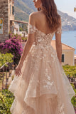 Champagne A-Line Off the Shoulder Floral Corset Long Prom Dress with Ruffles