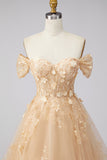 Champagne A-Line Off the Shoulder Floral Corset Long Prom Dress with Ruffles