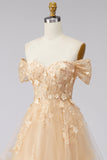 Champagne A-Line Off the Shoulder Floral Corset Long Prom Dress with Ruffles