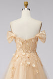 Champagne A-Line Off the Shoulder Floral Corset Long Prom Dress with Ruffles