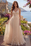 Champagne A-Line Tulle Floral Long Prom Dress with Appliques