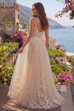 Champagne A-Line Tulle Floral Long Prom Dress with Appliques